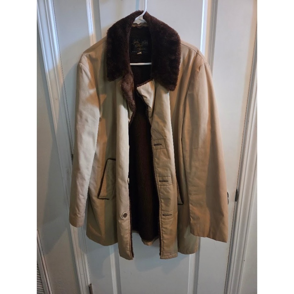 John Blair Classic Mens Tan Faux Fur Trim Car Coat Jacket Size 42R Vintage